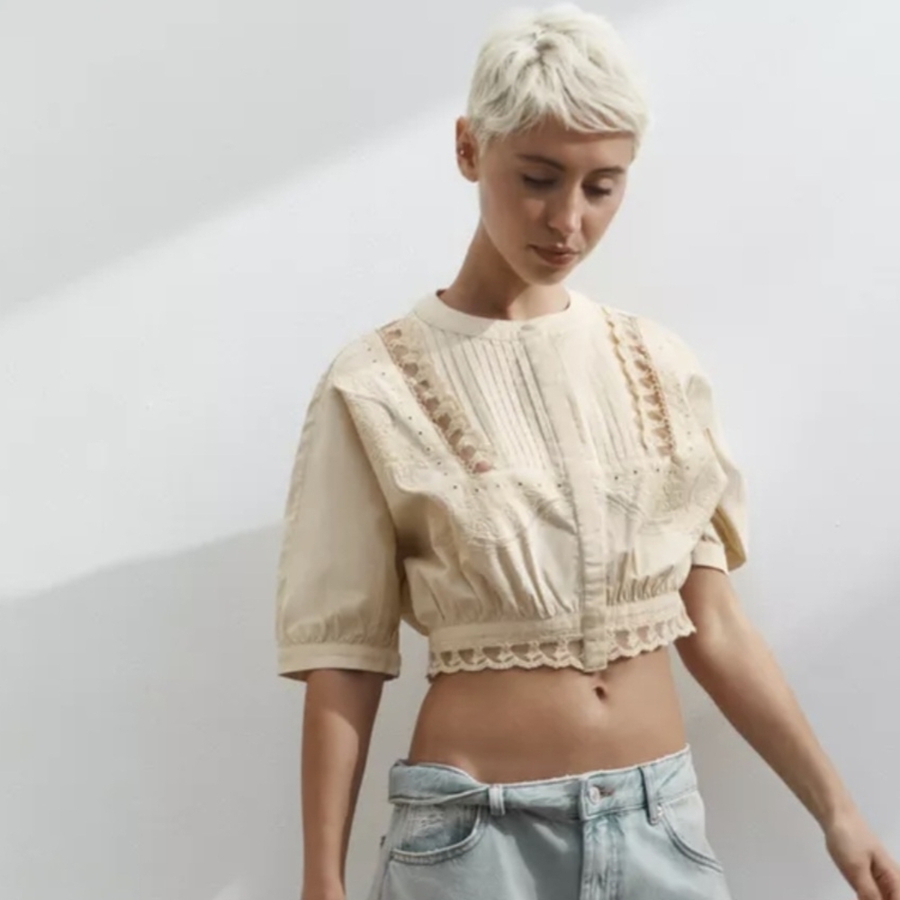 Zara Cream Lace-Trim Cropped Blouse